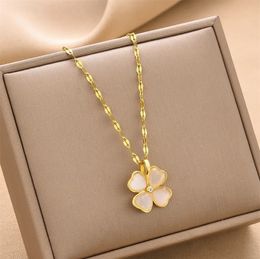 Chokers Real 18k Gold Colour Clover Necklace Cats Eye Exquisite Petal Clavicle Chain for Women Engagement Wedding Necklaces 231020