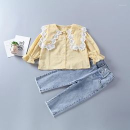 Clothing Sets 2-7 Years High Quality Girl Set 2023 Autumn Fashion Plaid Pink Yellow Shirt Pant Kid Children Clothes