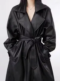 Women's Leather Long Oversized Trench Coat For Women Sleeve Lapel Loose Fit Fall Stylish Black Clothing Streetwear