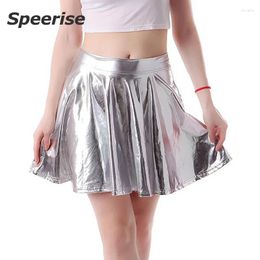 Stage Wear Speerise Metallic Skater Skirt Mini Faux Leather Shiny Spandex Green Night Club Party Ballroom Dance Sexy Costumes Wet Look