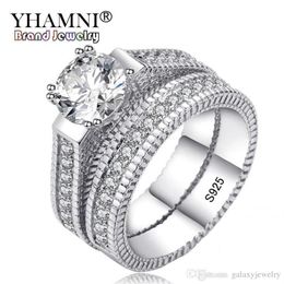 YHAMNI 100% Real 925 Sterling Silver Rings Set Hearts and Arrows 1ct CZ Diamond Wedding Rings for Women Double Engagement Ring MR13461