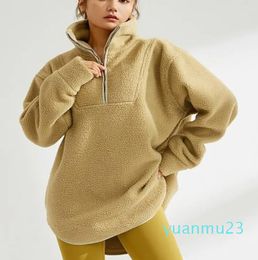 Women's Lamb Autumn Hoodies Sweatshirt Yoga Suit Jacket Ladies Sport Coat Half Zipper Puover thick Loose Long Style With Fleece