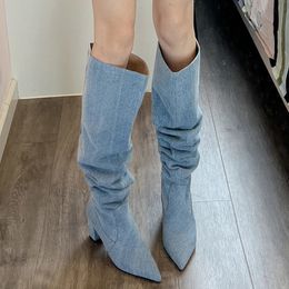 Boots Denim Cowboy For Women Fashion Slip On Long Female Square Heel 2023 Autumn Winter Girl's Shoes 231019