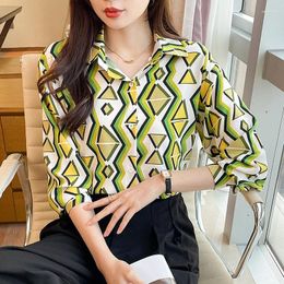 Women's Blouses Chiffon Shirts Print Vintage Loose Spring/Summer Polo-neck Ladies Clothing Long Sleeves Fashion Plaids Tops