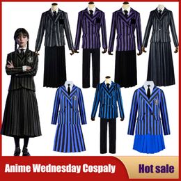 Cosplay Anime Wednesday Addams Cosplay Costume Nevermore Academy Striped School Uniforms for Girls Boys Halloween Party Wig Fancy Dress