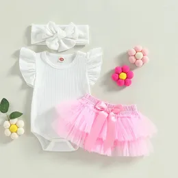 Clothing Sets 3Pcs Baby Girls Clothes Summer Outfits White Sleeve Ribbed Romper Pink Bow Ruffle Tutu Mesh Shorts Headband Set