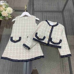 Luxury dress suits for girls baby Autumn Set Size 100-160 CM Pearl button round neck cardigan and sleeveless vest dress Oct15