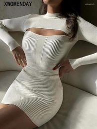 Casual Dresses Sexy Knitted Bodycon Short Women Elegant White Hollow Sweater Dress Autumn Winter Fashion Basic In 2023