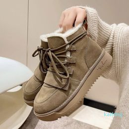 Boots Winter Cow Suede Leather Women Snow Boots Fashion Khaki Lace Up Mid Heel Platform Boots