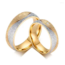 Cluster Rings 6mm Stainless Steel Two-tone Pave CZ Sandblast Couple Wedding Band For Women Men Size 5-11