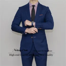 Men's Suits Business Blue Plaid Men Peaked Lapel Groom Wedding Tuxedos 2 Pcs Sets Male Prom Blazers Groomsmen Slim Fit Costume Homme