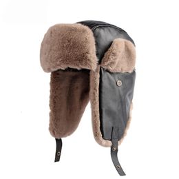 Beanie/Skull Caps Winter Bomber Hats Men Thicken PU Leather Russian Hat Male Ushanka Cap with Ear Flap Snow Windproof Fur Trapper Cap For Women 231020