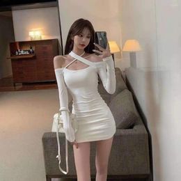 Casual Dresses Sexy One-shoulder Dress Female 2023 Fall/winter Off-the-shoulder Pure Slim-fit Bag Hip Spice Girl