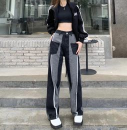 Women's Jeans Colorblock Contrast Patchwork Denim Pant Trousers Korean Clothes Fashion Harajuku Streetwear Y2k Summer High Waist