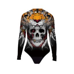 the Tiger Skull 3D Print Women One-piece Swimsuit Summer Casual Long Sleeve Beachwear Bathing Suit Sexy Tight Swimwear