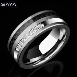 Wedding Rings Men Tungsten Rings 8mm Width Inlay Black Carbon Fiber and White CZ Stones Customized 231020