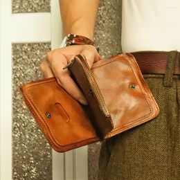 Wallets First Layer Cowhide Wallet Men's Vintage Two-fold Short Zipper Pleated Hand-made Old Money Clip