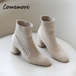 Boots Comemore Women Casual Chelsea Boot Medium Heel Knitted Sock Female High Heels Pointed Ankle Winter 231019