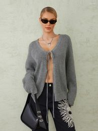 Women's Knits Wsevypo Grey Oversized Knit Cardigans Long Sleeve V Neck Tie-up Front Sweaters Coats Fall Winter Casual Warm Outerwear