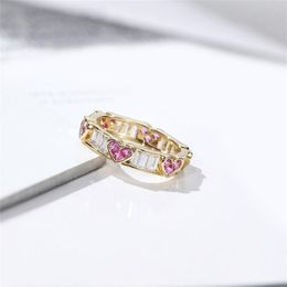 Classical Fine Jewelry 925 Sterling Silver&Gold Fill Pink Sapphire CZ Diamond Gemstones Heart Shape Women Wedding Band Ri3342