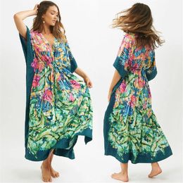 2021 Green Bohemian Printed Bats Sleeve High Waist Summer Beach Dress Cotton Tunic Women Beachwear Kaftan Maxi Dresses Q1087 F0122277w