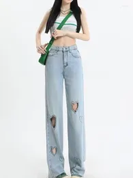 Women's Jeans Blue Love Broken Hole Summer Thin Spicy Girl Fur Edge Loose High Waist Straight Leg Wide Pants