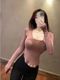 Women's T Shirts WOMENGAGA Brown T-shirt Sexy Fashion Hem Office Lady Thin Solid Color Long Sleeve Top Tees Slim Korean Women Tops E2MV
