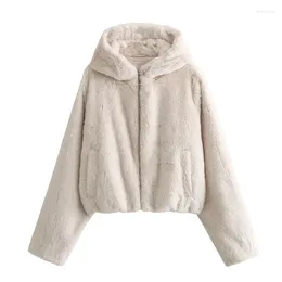 Women's Jackets YENKYE Women Solid Faux Fur Hooded Jacket Coat Long Sleeve Female Autumn Winter Warm Short Outerwear