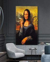 Funny Smoking Mona Lisa Oil Painting Famous Art Canvas painting Wall Art Pictures for Living Room Home Decor No Frame4101265