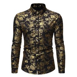 Mens Fashion Shiny Gold Floral Shirts 2020 Brand Slim Fit Long Sleeve Dress Shirt Men Nightclub Prom Tuxedo Shirt Man Camisas1689