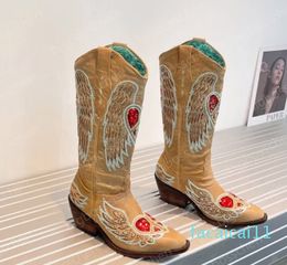 designer women's boots handmade western cowboy boots vintage embroidered floral pattern wings thick heel leather ladies Roman gladiator boots