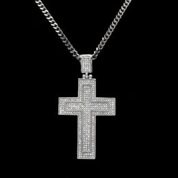 Men Catholic Silver Gold Plated Cross Pendant Necklace Fashion Rock Style Double Crucifix Clear Stone Christian Jewellery For Women 231J