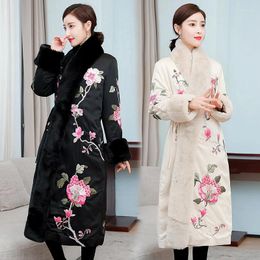 Women's Down Vintage Floral Print Fur Collar Parkas Women 2023 Winter Thicken Elegant Midi Coat Lace-up Pocket Female Chinese Style