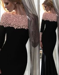 Evening Dresses Black Prom Party Gown Mermaid Plus Size New Custom Zipper Lace Up Bateau Long Sleeve Lace Satin