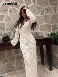 Casual Dresses Knitted Hollow Out See Through Long Dress Women Sexy V-neck Sleeve Bodycon Maxi Summer Beach Vacation