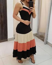 Casual Dresses Summer Women V Neck Sleeveless Colorblock Spaghetti Strap Ruched Ruffles Maxi Dress