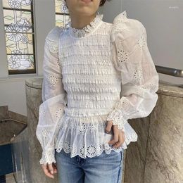 Women's Blouses 2023 Summer White Shirt Lace Crochet Hollow Shrinked Slim Fit Women Top