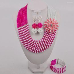 Necklace Earrings Set Fuchsia Pink And White African Bride Jewelry Crystal