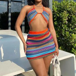 Work Dresses Women Mini Bodycon Skirt Set Knitting Crop Top Wrap Hips Skirts Colorful Print 2 Piece Fashion Lace Up Backless Beach Outfits