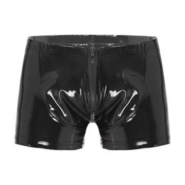 Underpants S5XL Sexy Men Boxer Short Fetish Underwear Panties Shiny Patent Leather Exotic Zipper Metallic Shorts Swimwear Beach 231019