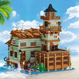 Blocks Creative Micro Fisherman Cabin Wharf Wooden House Model Building Blocks Street View Fishing Village Bricks Assemble Toy Kid Gift R231020