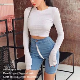 Women's Jeans High Waist Denim Short Summer Thin 2023 5-Point Pants Tight Sexy Invisible Open-Seat Pant Elastic Capri