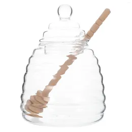 Dinnerware Sets Glass Honey Jar Storage Jars Lids Pot Transparent Dispenser Home Syrup Tank Stirrer Wood Clear