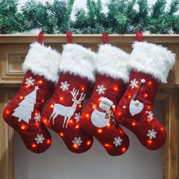 Kids Socks Glow Red Hemp Embroidered Christmas Socks Santa Claus Elk Snowman Gift Bags Merry Christmas Decor for Home Xmas Ornaments 231020