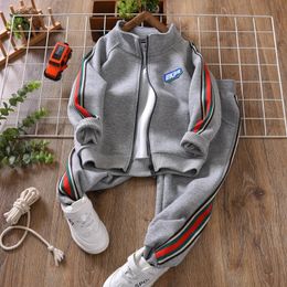 Clothing Sets School Kids Tracksuit Jogger Set Full Zip Striped Boys Fleece Hoodie Sweatpant Sets Children Outfits Spring Autumn 3-14 Years 231020