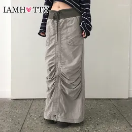 Skirts IAMTY Fairy Grunge Y2K 2000s Drawstring Folds Cargo Skirt Contrast Colour Waist Vintage Long Straight Punk Streetwear