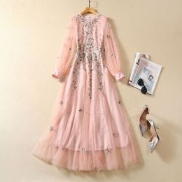 2023 Autumn Pink Floral Embroidery Sequins Dress Long Sleeve Round Neck Panelled Long Maxi Casual Dresses S3O141011