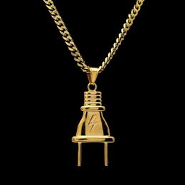 14K Gold Plated Mens Hip Hop Lighting Plug Pendant Necklace with 70cm Long Cuban Link Chain Jewelry235o