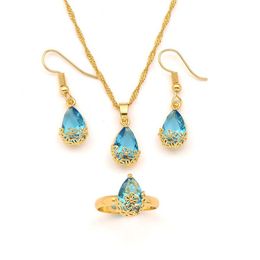 18K Yellow Gold GF Pendant Earrings Ring ed chain Water Drop sapphire Crystal Rectangle Gem with Channel Bridal Jewellery284S