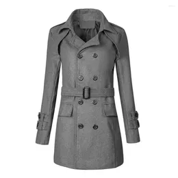 Men's Trench Coats Men Business Outwear Solid Colour Woollen Coat Stylish Double Breasted Jacket With Lapel Pockets Belt For Autumn